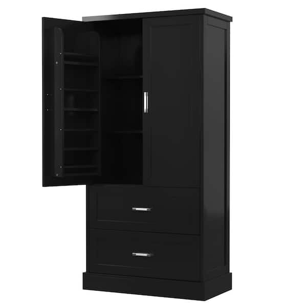31 in. W x 16 in. D x 64 in. H Black Linen Cabinet, Tall Bathroom Storage Cabinet with Doors, Drawers & Adjustable Shelf