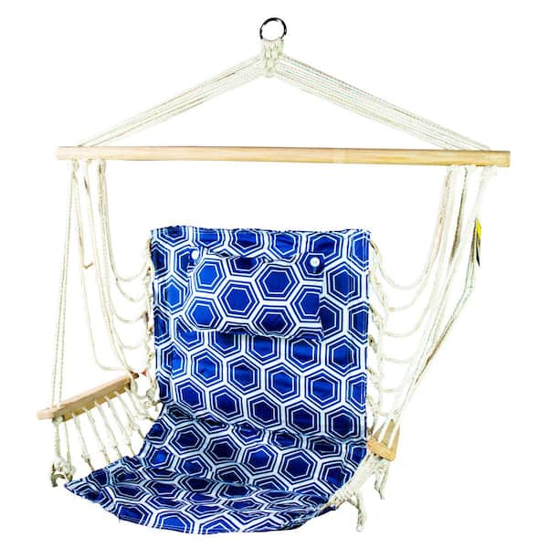 BACKYARD EXPRESSIONS PATIO · HOME · GARDEN 2.5 ft. Hammock Chair with Wooden Armrests in Navy with White Rings