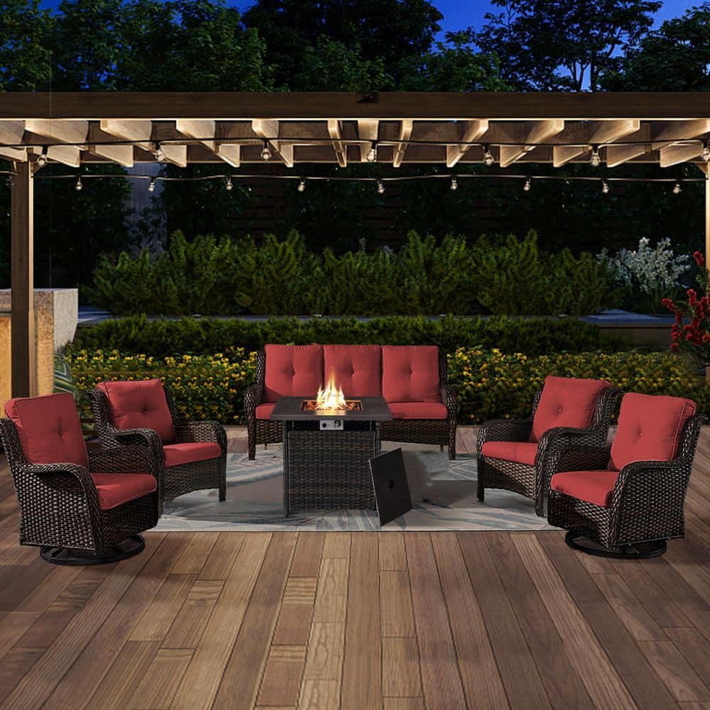 ArcoBay 6-Piece Brown Wicker Patio Square Fire Pit Conversation Set with Red Cushions and Swivel Rocking Chairs price history on PriceWatchPro