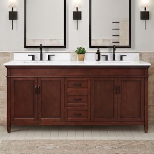 Ashburn 73 in. W x 22 in. D x 39 in. H Double Sink Freestanding Vanity in Mahogany w/ White Engineered Stone Top