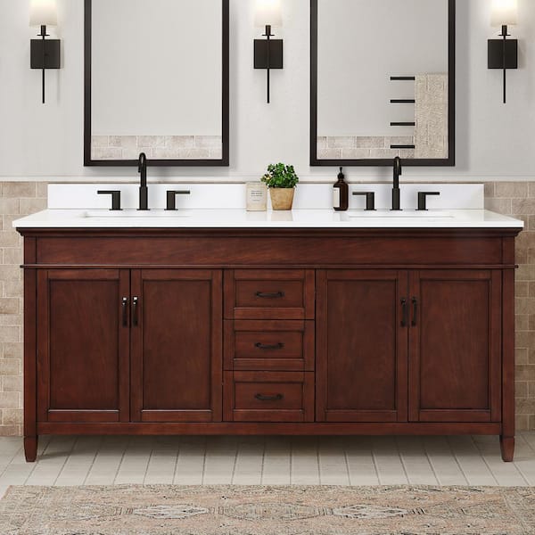 Home Decorators Collection Ashburn 73 in. W x 22 in. D x 39 in. H Double Sink Freestanding Vanity in Mahogany w/ White Engineered Stone Top