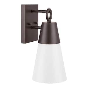 Duvall 14 in. 1-Light Royal Bronze Outdoor Hardwired Wall Lantern Sconce with Etched Opal Glass Shade