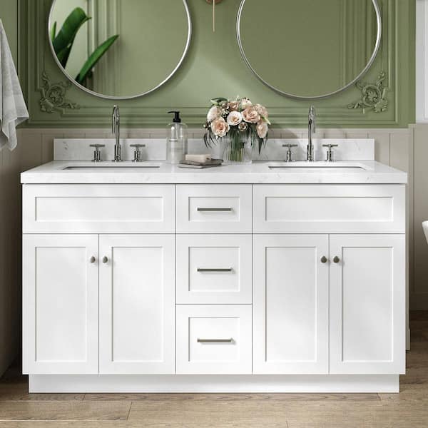 Hamlet 60 in. W x 22 in. D x 36 in. H Double Sink Freestanding Bath Vanity in White with Carrara White Quartz Top