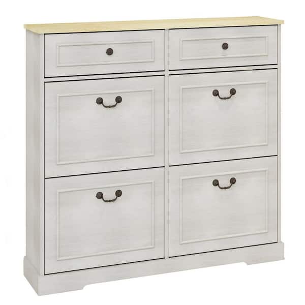 39.37 in. H x 41.3 in. W Antique White Shoe Cabinet with 2 Drawers and 4 Flip Drawers