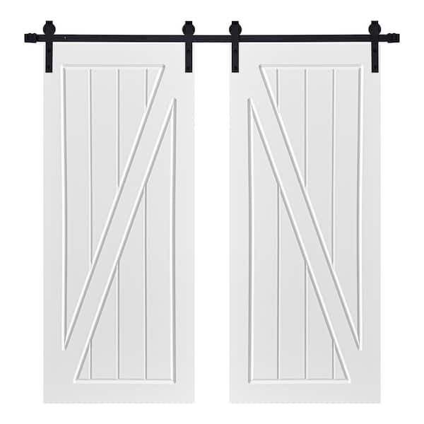 AIOPOP HOME Modern ZFRAME Designed 84 in. x 84 in. MDF Panel White Painted Double Sliding Barn Door with Hardware Kit