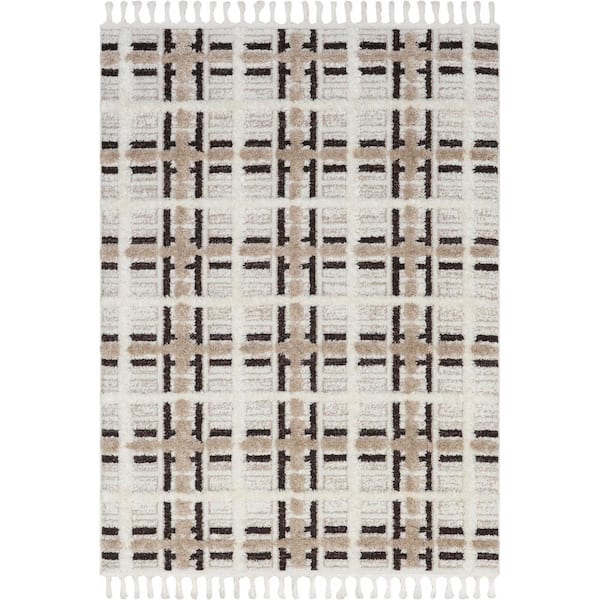 Crimson High-Low Plaid Tasseled Ivory 2 ft. x 8 ft. Runner Rug Area Rug