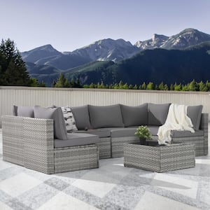 7-Piece Wicker Patio Conversation Sofa Set, Outdoor Sectional Seating with Tempered Glass, Gray Cushion
