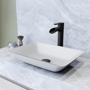 Matte Shell Sottlie Glass Rectangular Vessel Bathroom Sink in White with Niko Faucet and Pop-Up Drain in Matte Black