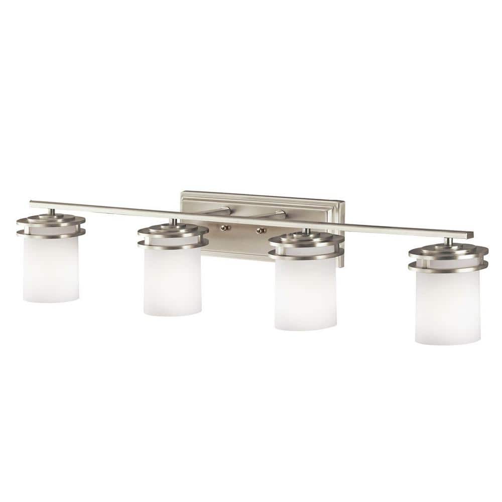 Brushed Nickel 4-Light Modern Bathroom Vanity with White Glass Shades