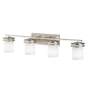Hendrik 33.75 in. 4-Light Brushed Nickel Contemporary Bathroom Vanity Light with Etched Glass Shade