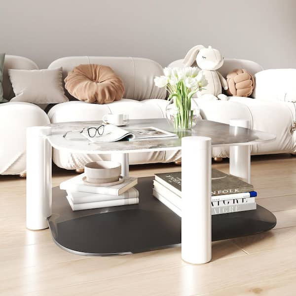 Magic Home 35 in. W Square Tempered Glass and Stone Tabletop