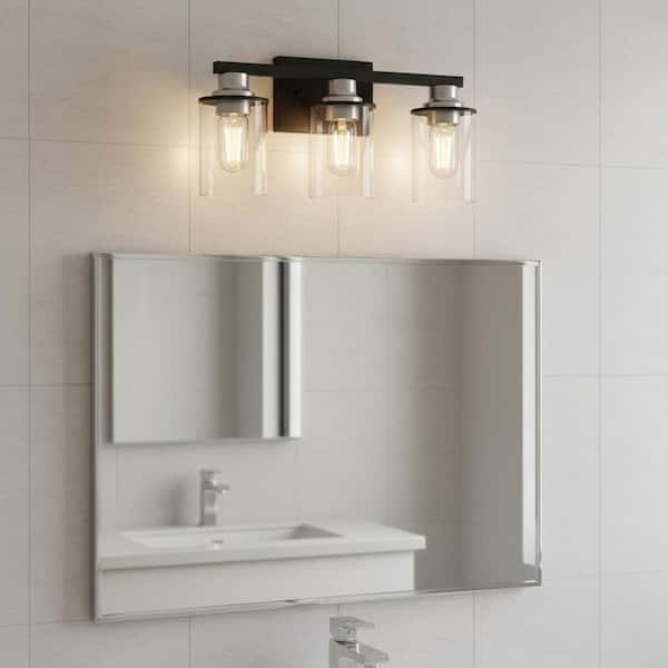17 in. 3-Light Black and Nickel Bathroom Vanity Light Over Mirror with Clear Glass Shades for Bathroom, Hallway, Bedroom
