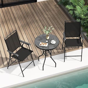 Black 3-Piece Metal Round 35 in. Outdoor Bar Stool Set with DPC Tabletop Umbrella Hole & Footrest 2 Chairs