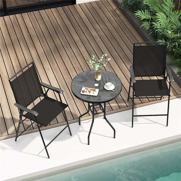 Costway Black 3-Piece Metal Round 35 in. Outdoor Bar Stool Set with DPC Tabletop Umbrella Hole & Footrest 2 Chairs