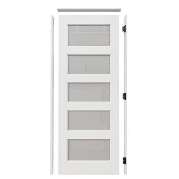 30 in. W x 96 in. 5-Lite Frosted Glass Right-Handed White Solid Core MDF Door with Quick Assemble Jamb Kit