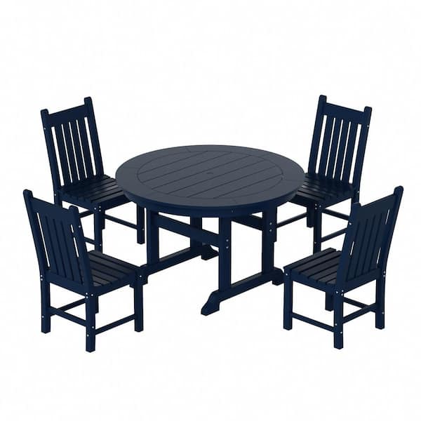 Hayes 47 in. All Weather HDPE Plastic Round Outdoor Dining Trestle Table with Umbrella Hole in Navy Blue