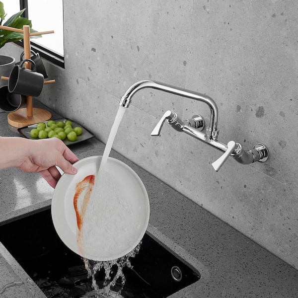 Double Handle Wall Mount Utility Faucet with 8 in. Swivel Spout Standard Kitchen Faucet in Polished Chrome