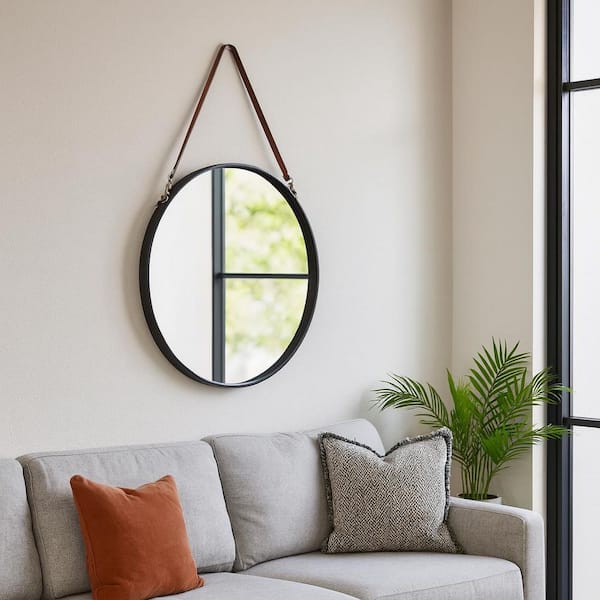 Black 3 in. H x 28 in. W Modern Round Metal With Leather Strap Framed Mirror
