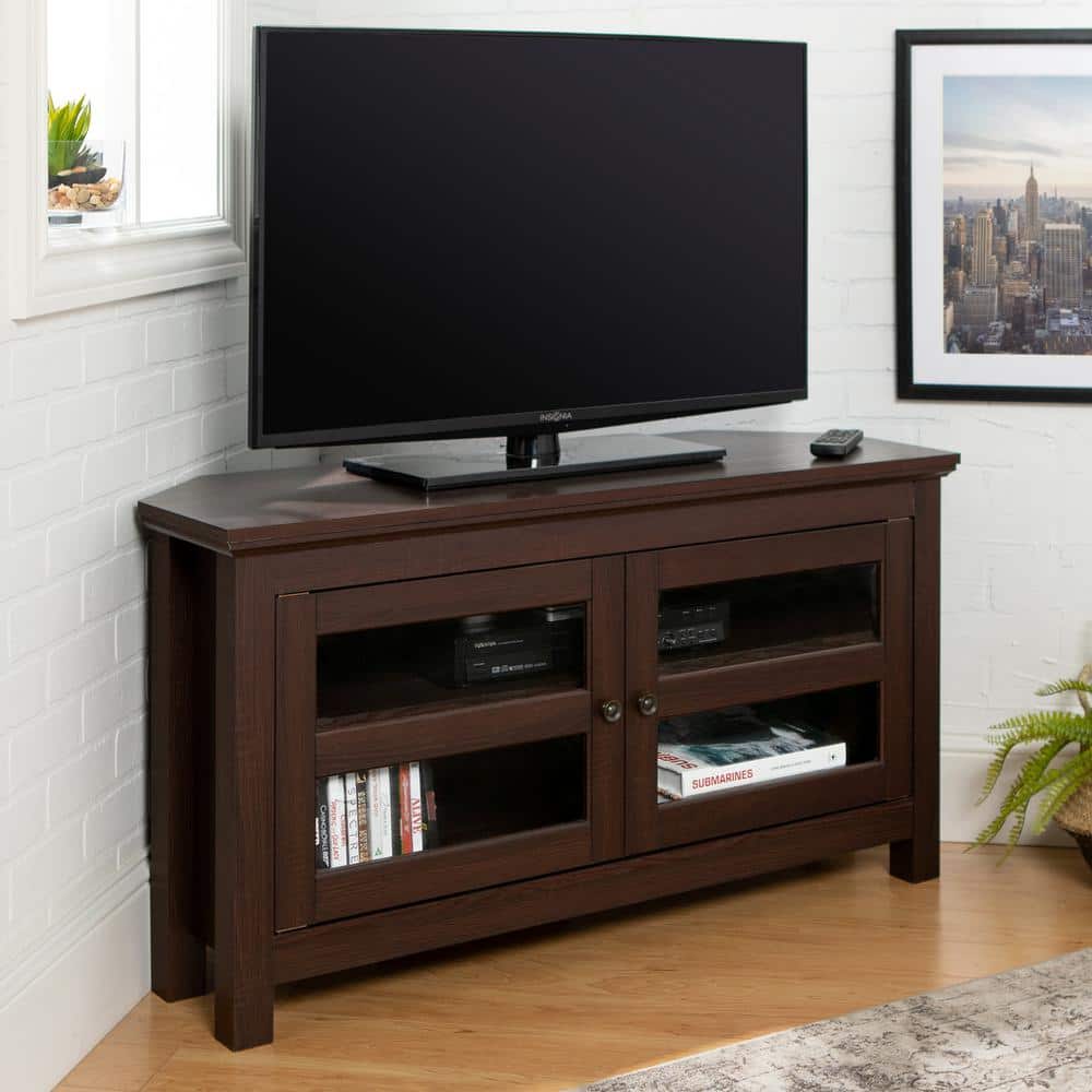 Espresso Corner TV Console with Cabinet and Glass Doors