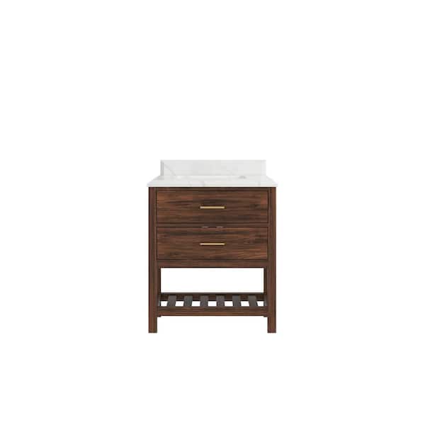 Willow Collections Parket Teak 30 in. W x 22 in. D x 36 in. H Single Sink Bath Vanity in Dark Walnut 1.5 in. Calacatta Laza Quartz Top