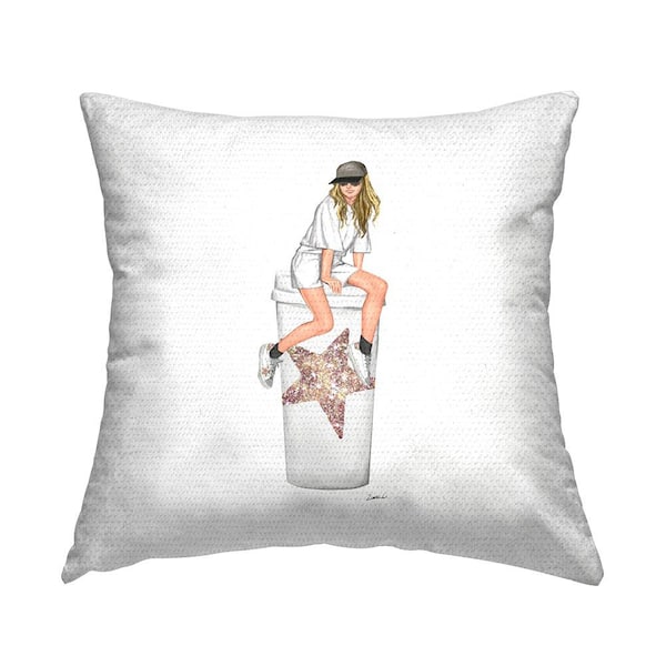 Stupell Industries Girl Sitting Glam Coffee Cup Multi-Color Square Outdoor Throw Pillow