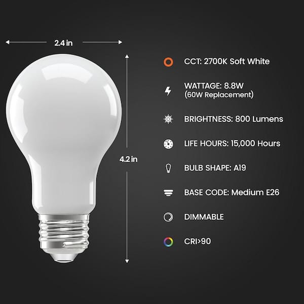 60-Watt Equivalent A19 Dimmable Filament CEC 90 CRI White Glass E26 Medium LED Light Bulb, Soft White 2700K (4-Pack)