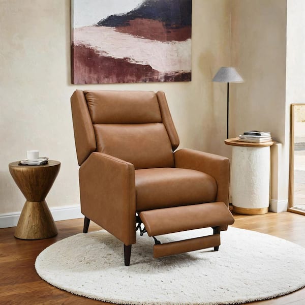 Mateo Mid-Century Modern Brown Faux Leather Upholstered Pushback Manual Recliner Chair with Tapered Legs