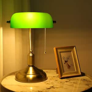 15 in. Antique Brass Indoor Adjustable Height Bankers Desk Lamp with Green Glass Shade