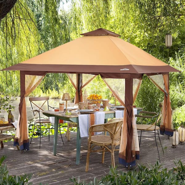 Unbranded Beige 12 ft. x 12 ft. Instant Pop Up Outdoor Patio Canopy Gazebo, Folding Tent with Full Netting Sidewalls and Carry Bag