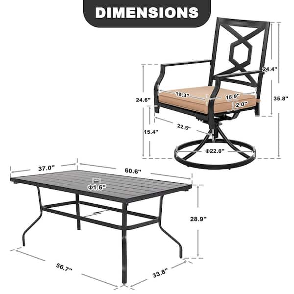 Black 7-Piece Metal Rectangle Outdoor Dining Set with Beige Cushion Patio Furniture Set with Swivel Dining Chair