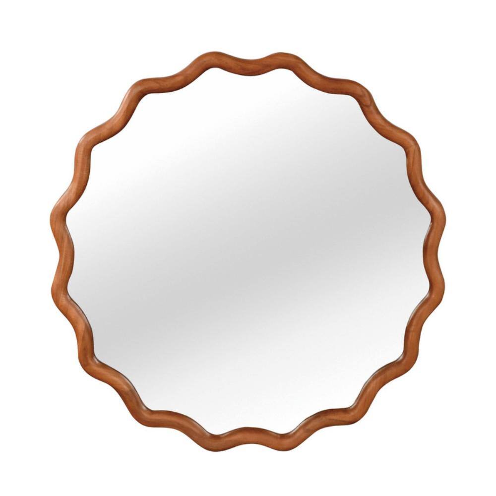 36 in. Yellowish Brown Wavy Round Solid Wood Frame Decorative Wall Mirror for Bedroom Bathroom Living Room