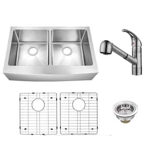 33 in. Farmhouse Apron Front Undermount 50/50 Double Bowl 16-Gauge Stainless Steel Sink with Pull-Out Brushed Faucet