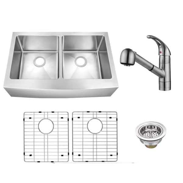 33 in. Farmhouse Apron Front Undermount 50/50 Double Bowl 16-Gauge Stainless Steel Sink with Pull-Out Brushed Faucet