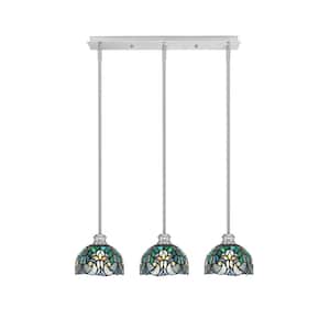 Albany 60-Watt 3-Light Brushed Nickel Linear Pendant Light with Turquoise Cypress Glass Shades and No Bulbs Included