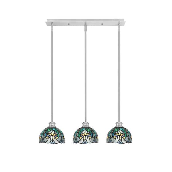 Unbranded Albany 60-Watt 3-Light Brushed Nickel Linear Pendant Light with Turquoise Cypress Glass Shades and No Bulbs Included