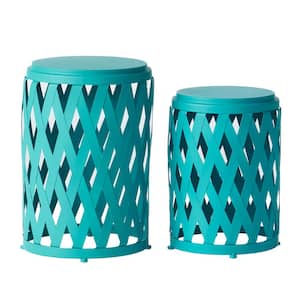 2-Piece Outdoor Round Metal Side Table in Teal for Porch, Balcony, Lawn, Set of 2