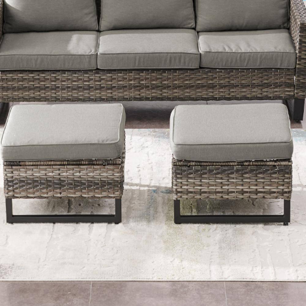 Gray Wicker Outdoor Ottoman with Gray Cushions (2-Pack)