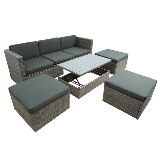 Zeus & Ruta 5-Piece Wicker Outdoor Patio Conversation Sectional Sofa Seating Set with Gray Cushions and Lift Top Coffee Table