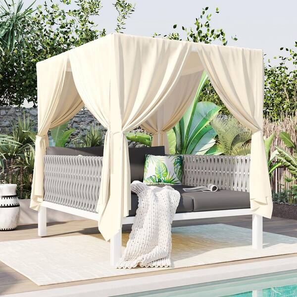 Runesay Woven Rope Composite Outdoor Day Bed with Gray Cushions Patio Sunbed with Curtains, High Comfort