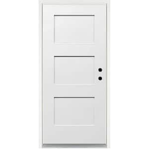 36 in. W. x 80 in. Left-Hand Smooth White 3-Panel Shaker Fiberglass Prehung Front Door