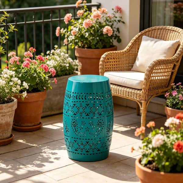 Teal Floral Cutout Drum Metal Side Table, Outdoor Accent End Table