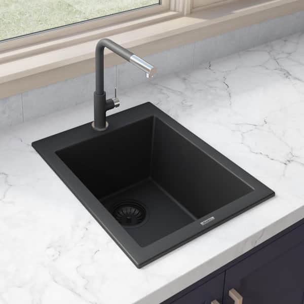 EpiGranite 19 in. Drop-in Single Bowl Bar Sink in Midnight Black Granite Quartz Composite