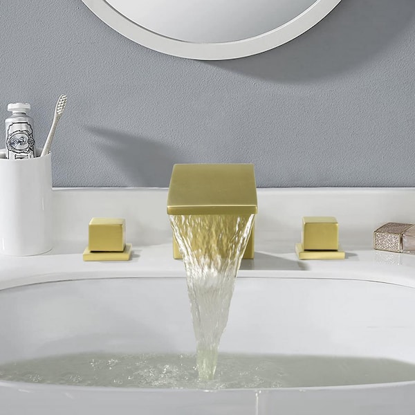 8 in. Widespread Double Handles Waterfall Spout Bathroom Faucet with Supply Line in Brushed Gold