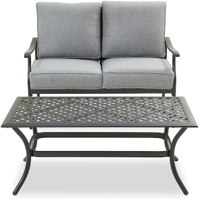 2-Piece Metal Outdoor Loveseat with Grey Cushions
