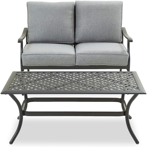 TOP HOME SPACE 2-Piece Metal Outdoor Loveseat with Grey Cushions