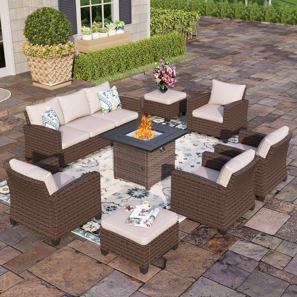 PHI VILLA Brown 8-Piece Rattan Wicker Steel Outdoor Patio Conversation Set  with Beige Cushions, Square Fire Pit Table, 2 Ottomans DF8PV636665BE02 -  The Home Depot