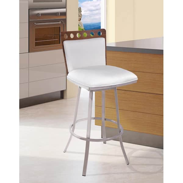 Armen Living Coco 26 in. White Faux Leather with Brushed Stainless Steel Finish and Walnut Back Swivel Bar Stool