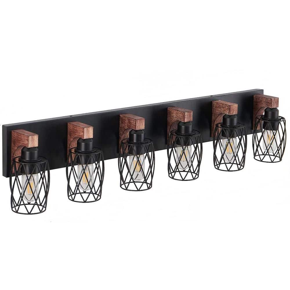 38 in. 6-Light Industrial Vintage Cage Vanity Light Wall Sconce with Wooden Accents, Black (Bulb Not Included) price history on PriceWatchPro
