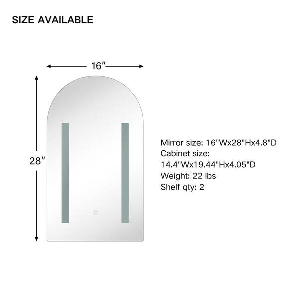 TEHOME 16-in x 28-in Lighted Surface Mount White Mirrored Arched Soft Close Medicine Cabinet