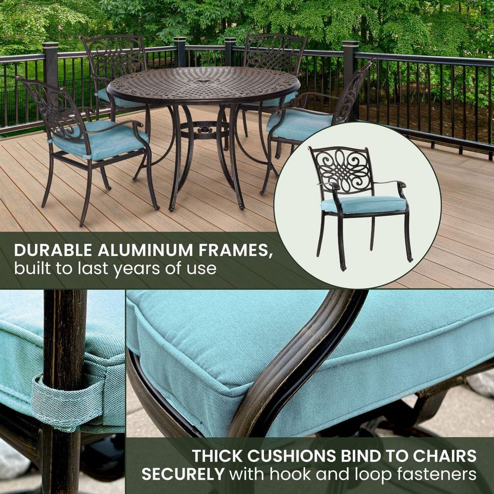 Bronze Aluminum Outdoor Dining Set with Blue Cushions